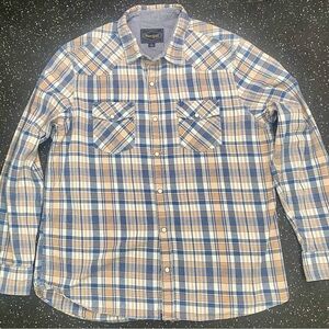 Threadgrit Men's Plaid Blue and Tan shirt SZLarge, pearl-like snap buttons